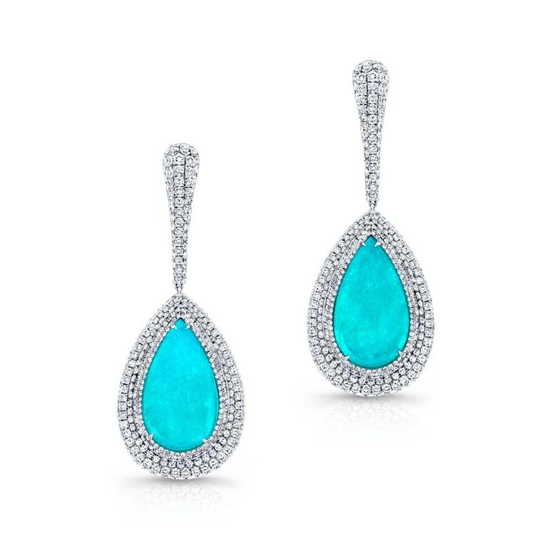 The unrivalled beauty of the Brazilian Paraiba tourmaline shines through in this pair of Martin Katz cabochon drop earrings.